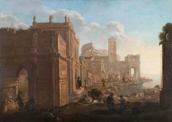 Architectural capriccio of Arco di Costantino, Santa Maria in Cosmedin and Coliseum