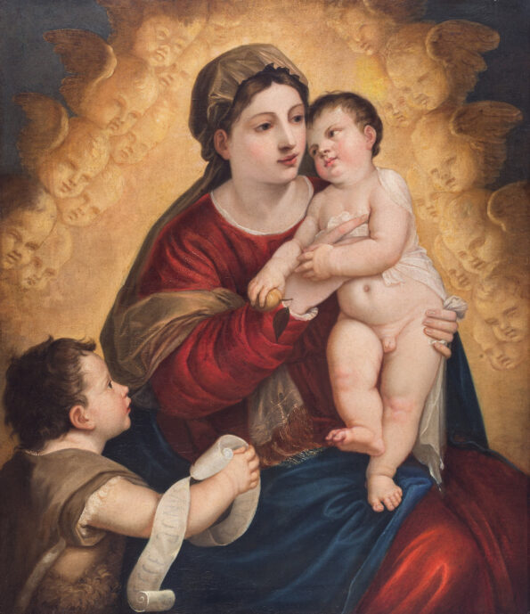 Painting on unlined canvas portraying Virgin Mary with child and Saint John the Baptist