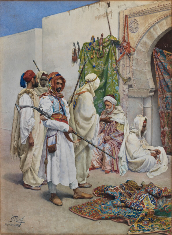 Watercolor on paper depicting soldiers in front of an Arab rug merchant