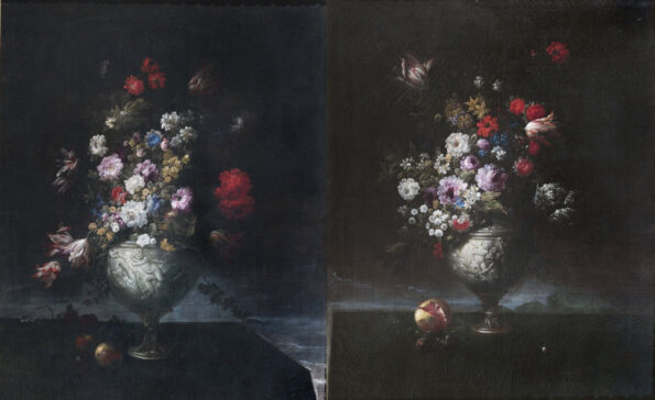 Pair of vases with flowers by contemporary frames