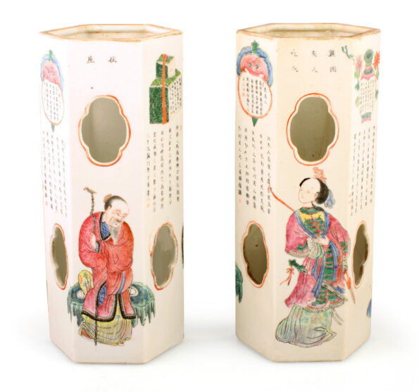 Pairs of hexagonal chinese vases in painting ceramic