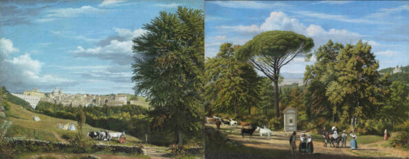 Oil painting on canvas depicting the landscape of the Castelli Romani with characters and animals parked