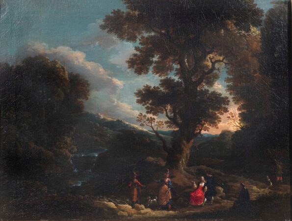 Painting of landscape with figures in the foreground , dogs and hunter