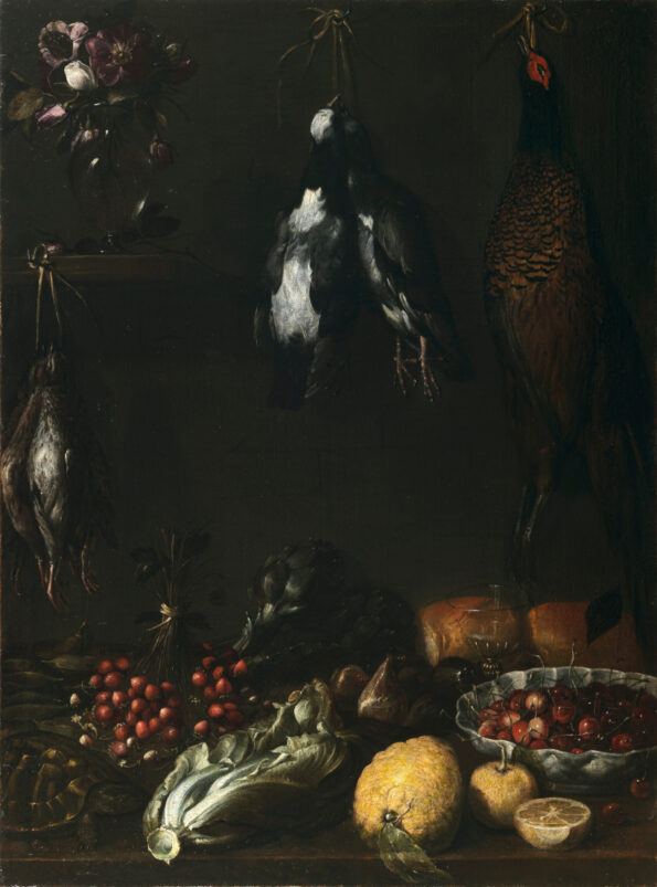 Still life with game, fruit vegetables glass jar and turtle