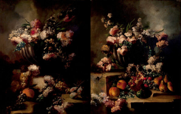 Coppia di nature morte con fiori e frutta