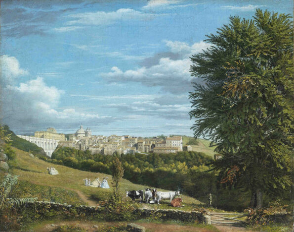 Oil painting on canvas depicting landscape with background of the bridge of Ariccia and Villa Chigi