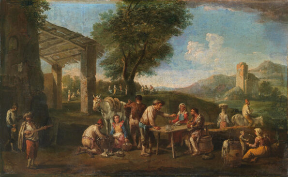 Convivio of travelers in a roman landscape