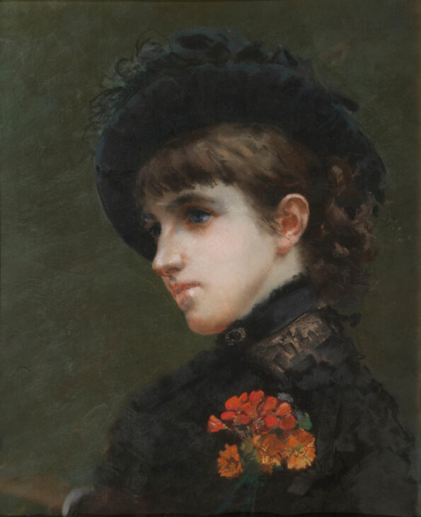 Pastel on paper depicting young girl in black with hat and flowers