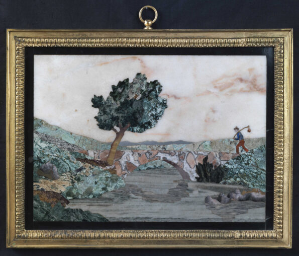 Polychrome marble marquetry depicting landscape with walker