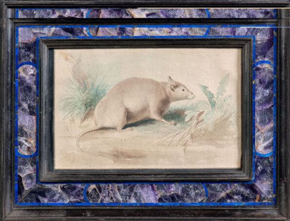 Tempera on paper framed in ebony amethyst and lapis lazuli depicting a mouse